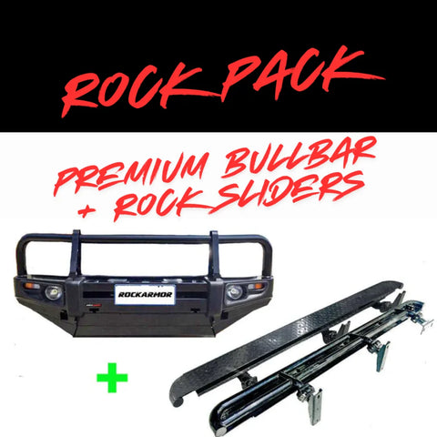 Black Rockarmor premium bullbar with integrated rock sliders in rugged steel and textured grip for Toyota Hilux 4wd ute offroad