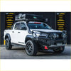 White toyota hilux 2022 widebody with black gt hoop bullbar roof rack and rock sliders off-road accessories