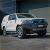 White toyota hilux with black rockarmor gt hoopless bullbar and silver alloy wheels front bumper guard visible