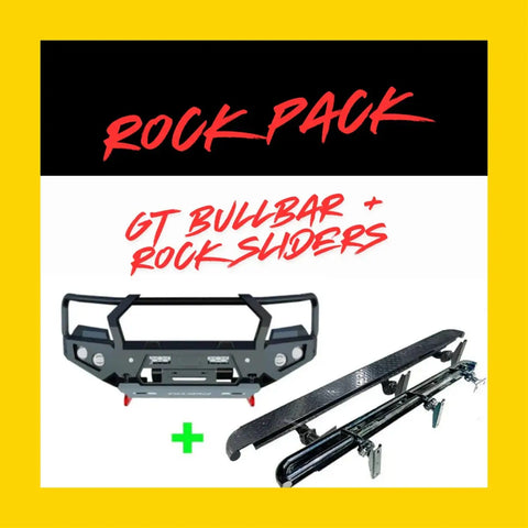 Black gt hoop bullbar with integrated lights and rock sliders for tough offroad use on toyota landcruiser 4wd ute