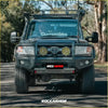 Black toyota land cruiser with rockarmor front bumper and dual circular led lights from rockarmor rock pack