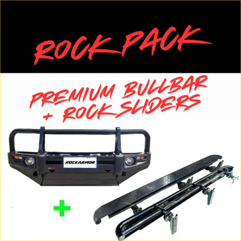 Black rockarmor premium bullbar with integrated rock sliders in rugged steel for toyota landcruiser fj100 4wd offroad ute