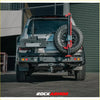 Silver toyota 4runner showing black and red rockarmor steel dual wheel carrier on rear for offroad 4wd use