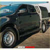 Black matte steel rockarmor rock sliders side steps on mazda bt50 4wd ute for offroad use