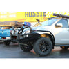 Black metal front bumper guard with integrated lights and rock logo for 4wd ute offroad use on holden colorado