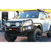 Black rockarmor front bumper with integrated circular led lights and rugged steel design for offroad 4wd utes