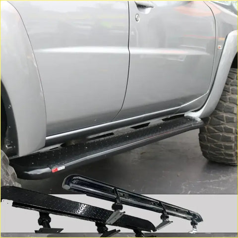 Black textured steel rockarmor rockslider side step with durable finish and sturdy brackets for nissan patrol y62 4wd offroad