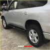 Silver metallic steel rockarmor rockslider side steps mounted on lower edge of silver toyota landcruiser 4wd ute
