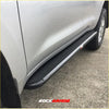 Black rockarmor steel rockslider side step with silver trim and textured surface for 4wd and offroad ute use