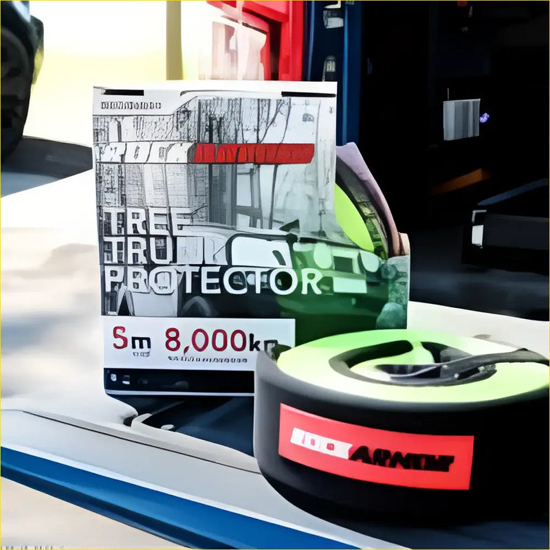 Black and neon green rockarmor tree trunk protector 5m 8000kg with red label for 4wd ute offroad use