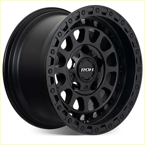 Roh alloy assault matt black 17x9 wheel with rugged multi-spoke design and circular cutouts in black matte finish