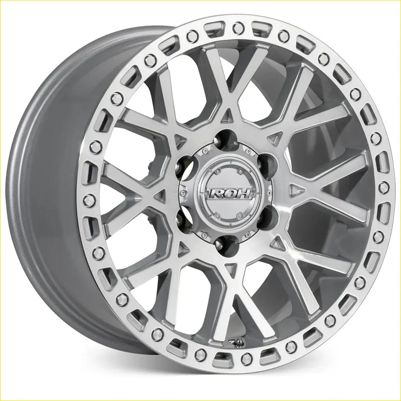 Silver and gray two-tone roh crawler 17x9 alloy wheel with rugged geometric spokes and roh logo center cap