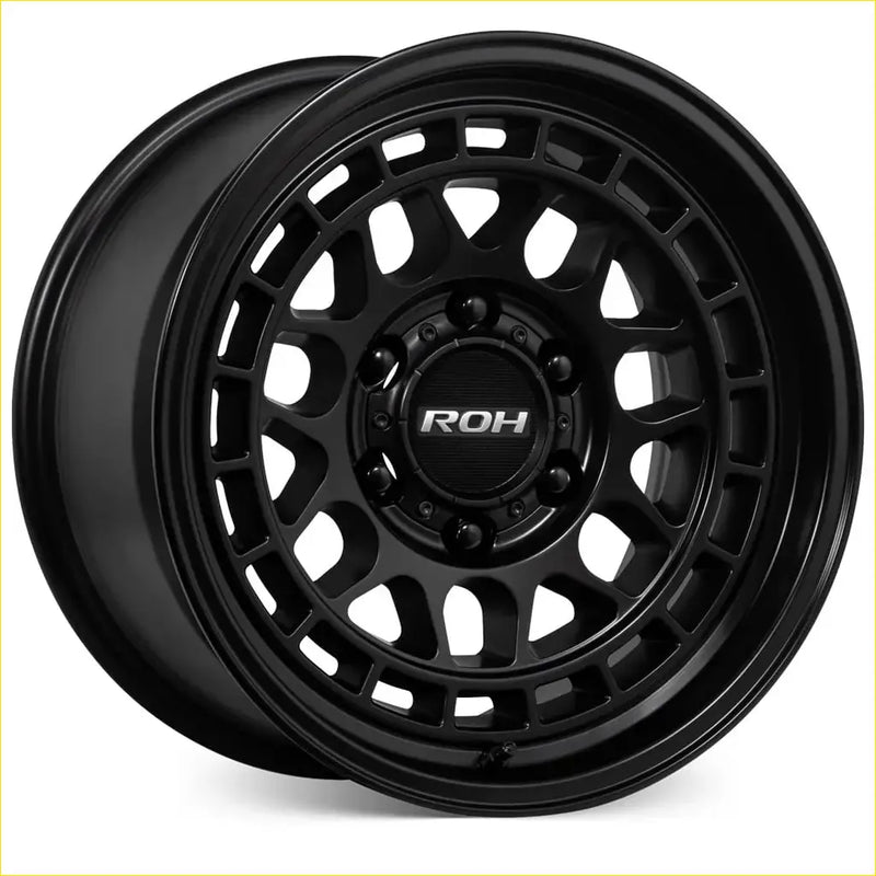 Black matte roh lotus 17x9 alloy wheel with rugged multi-spoke design and 6x139.7 bolt pattern and 12 offset