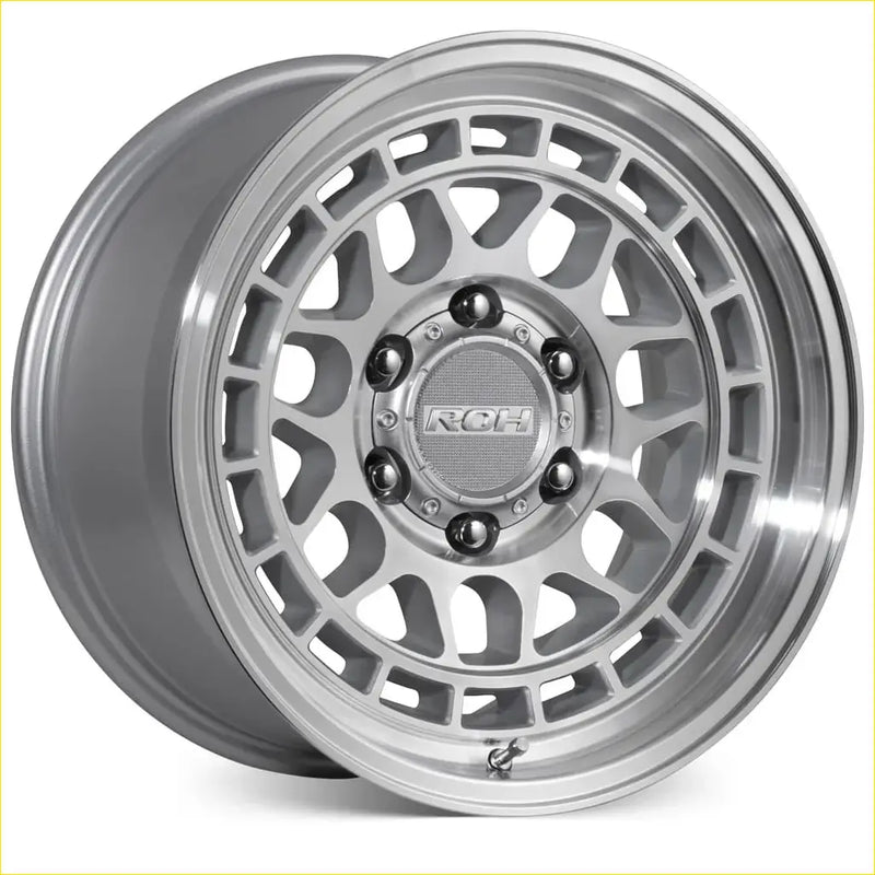 Silver rch alloy wheel roh lotus 17x9 with multi-spoke design black center cap bolts and machined face