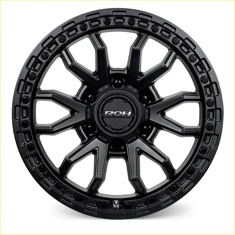 Black matte roh raid 17x9 alloy wheel with rugged multi spoke design and textured outer rim in 6x139.7 bolt pattern