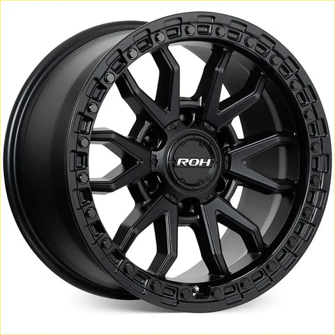 Black matte roh raid 17x9 alloy wheel with rugged multi-spoke design and textured outer rim for 6x139.7 bolt pattern