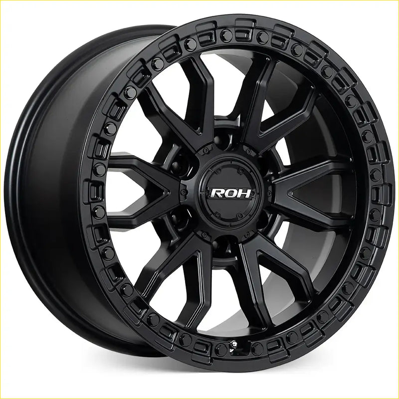 Black matte roh raid alloy wheel with rugged multi-spoke design and textured outer rim 17x9 6x139.7 25 offset