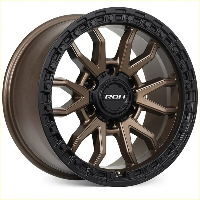 Bronze and black two-tone roh raid matt bronze alloy wheel with rugged multi-spoke design and 17x9 size