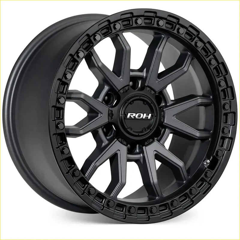 Black matte-finished roh raid multi-spoke alloy wheel with rugged design and textured outer rim in matt gunmetal black lip