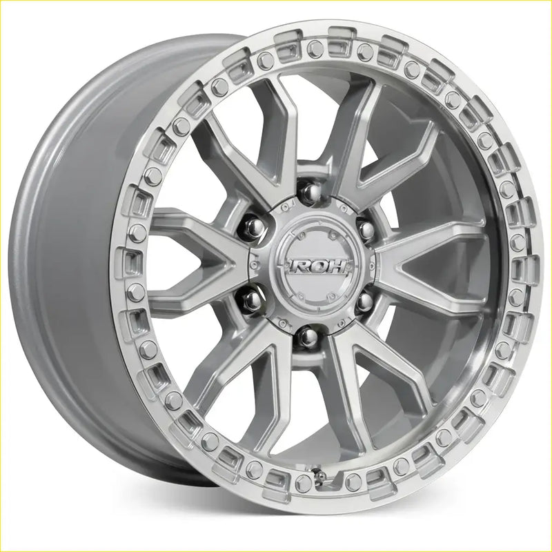 Silver roh raid alloy wheel with rugged multi-spoke design and machined accents 17x9 6x139.7 12 offset