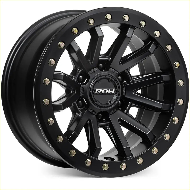 Matte black roh zullo 17x9 alloy wheel with gold-colored lug nuts and 6x139.7 bolt pattern and 12 offset