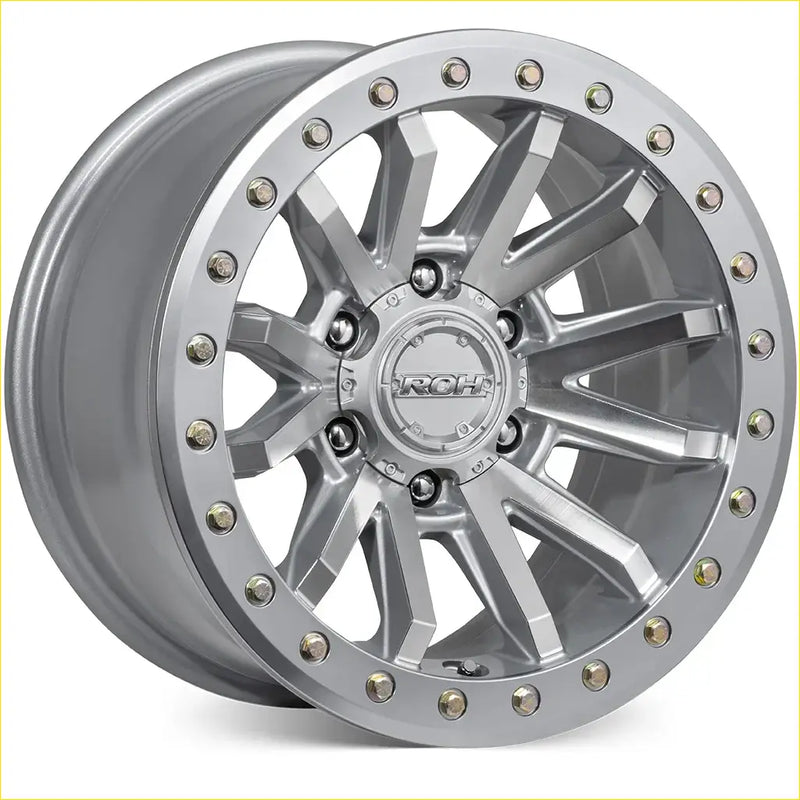 Silver iroh alloy wheel with multi-spoke rugged design and gold lug nuts for roh zullo 17x9 6x139.7 -12 offset