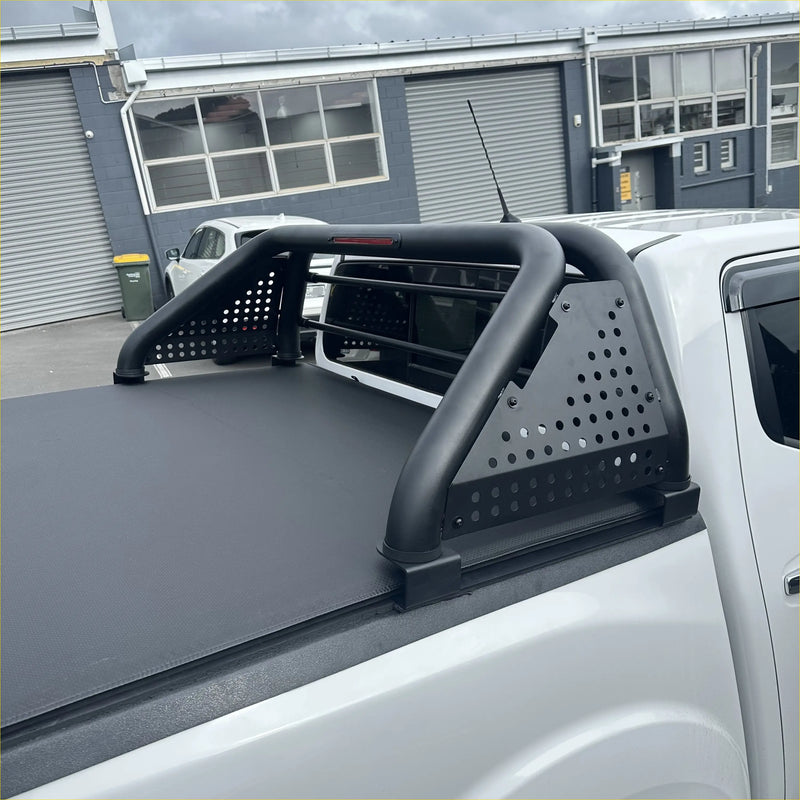 Black perforated metal roll bar sport bar t10 with integrated side panels for gwm cannon 2019 current back view