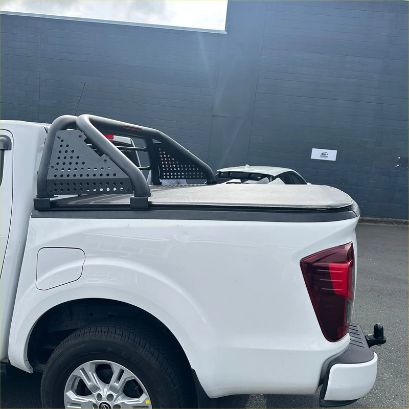 White ldv t90 pickup truck rear with black perforated metal roll bar and matching tonneau cover 2021-current