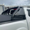 Black perforated metal roll bar with curved rails and brackets for Mazda BT-50 2012-2020 truck bed rail
