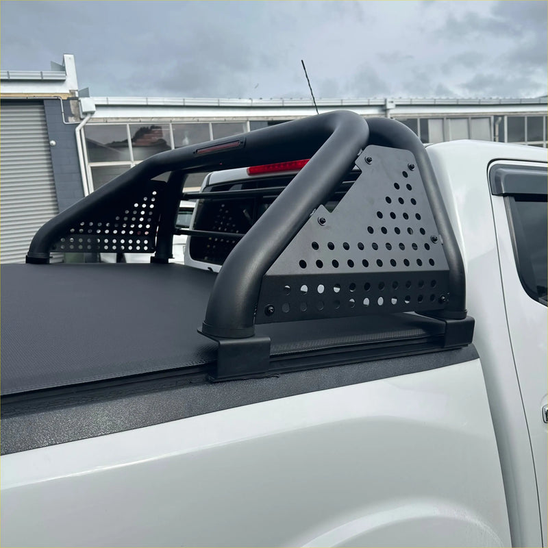 Black perforated metal roll bar with curved rails and brackets for Mazda BT-50 2012-2020 truck bed rail