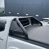 Black perforated metal roll bar with curved bars and side panels for mazda bt-50 2012-2020 truck bed rail back view