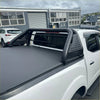 Black perforated steel roll bar sport bar t10 with integrated side rails on white mazda bt 50 2021 pickup back view