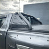 Black metal roll bar sport bar t10 with perforated side panels and curved top bar for toyota hilux 2015-2020 back view