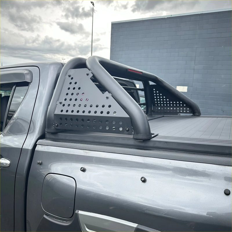 Black metal roll bar sport bar t10 with perforated side panels and curved top bar for toyota hilux 2015-2020 back view