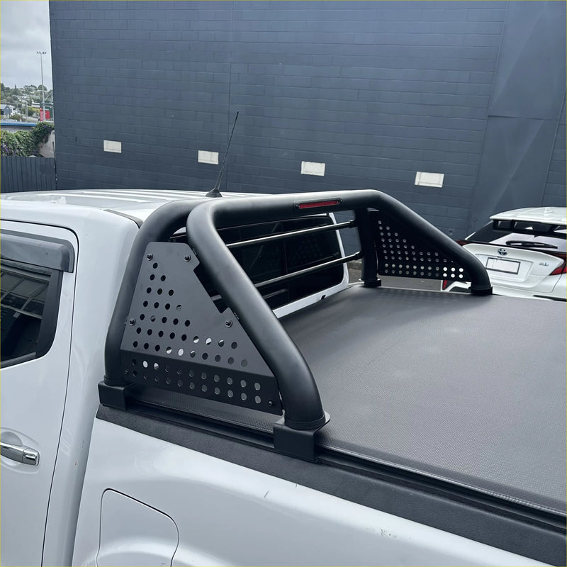 Black perforated metal roll bar with curved bars and side panels for volkswagen amarok 2023 truck bed rail