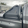 Black perforated metal roll bar t10 truck bed rail with curved protective bars for ford ranger 2022+ shown from back side