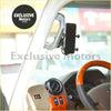 Silver metallic aluminum alloy roof handle with adjustable clamps holding a black smartphone on toyota land cruiser lc76