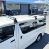 Silver aluminum heavy duty roof rack 3 piece set mounted on the back of white toyota hiace van narrow model