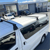 Black heavy duty roof rack 3 piece set mounted on white toyota hiace 2005-2019 narrow van