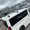 Black heavy duty roof rack 3 piece set mounted on white toyota hiace zr zx 2019 van back side view