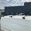Black metal heavy duty roof rack 3 piece set mounted on back of white toyota hiace zr zx 2019 van