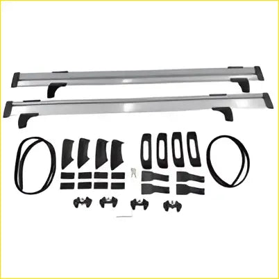 Silver aluminum roof rack system with black plastic and metal mounts for mitsubishi lancer 2007-2018 back side view