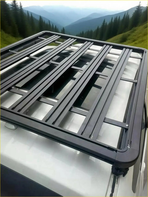 Black metal heavy duty roof rack with grid design mounted on back of white ford ranger 2022 plus vehicle