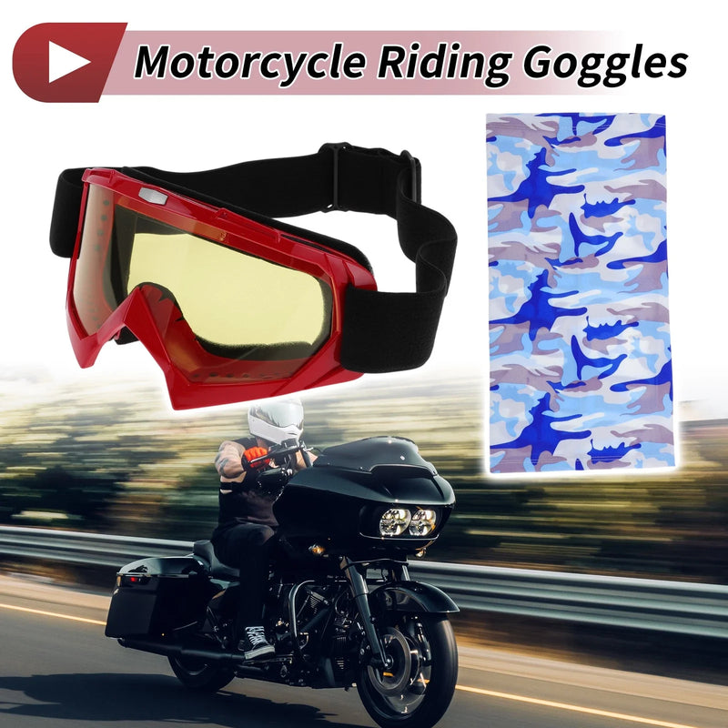 Set Motorcycle Riding Goggles Yellow Lens Red Frame PC Cycling Sunglasses