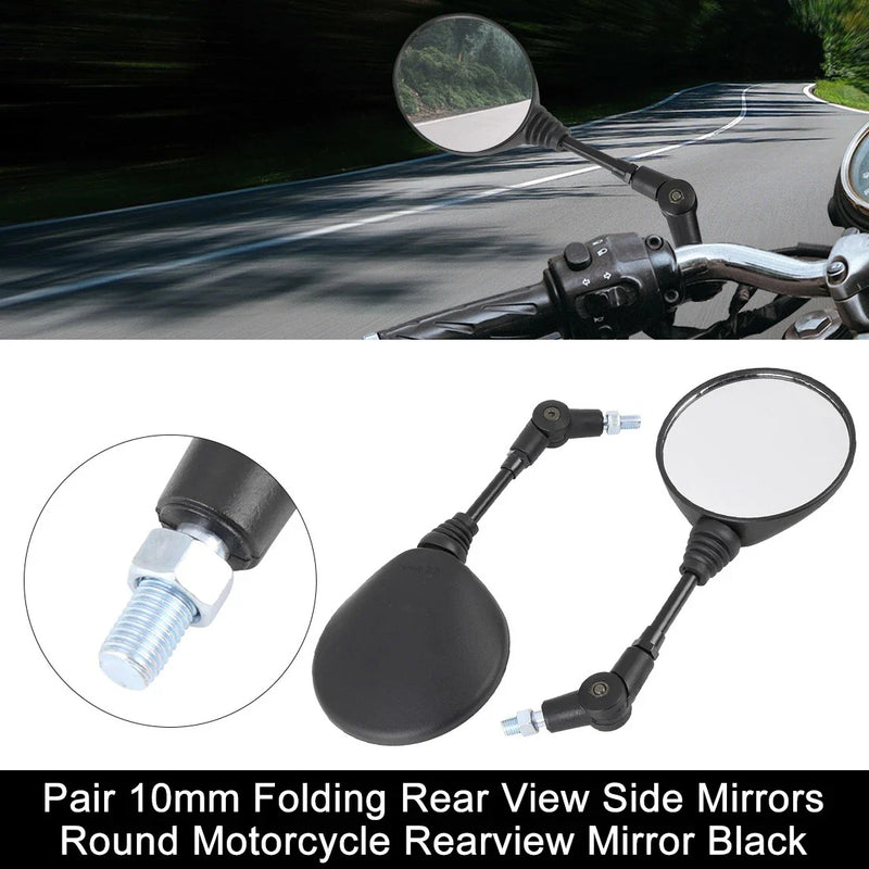 7 / 8" Handle Bar 2 x 10mm Round Motorcycle Rear View Side Mirrors Folding