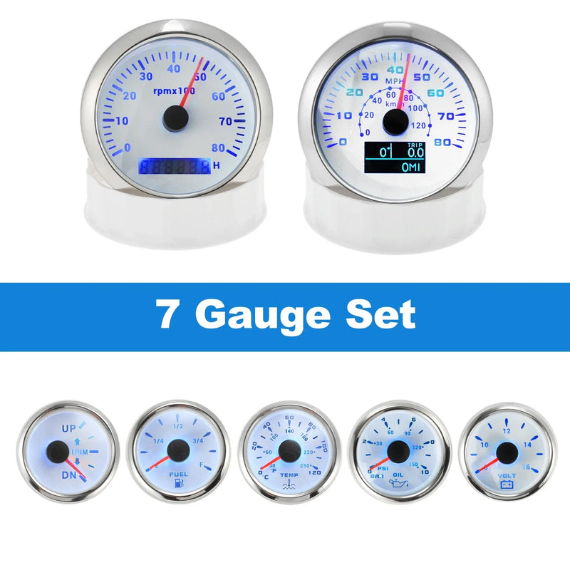 Marine Boat White 7 Gauge Set GPS Speedometer Tacho Fuel/Temp/Oil/Volt/Trim