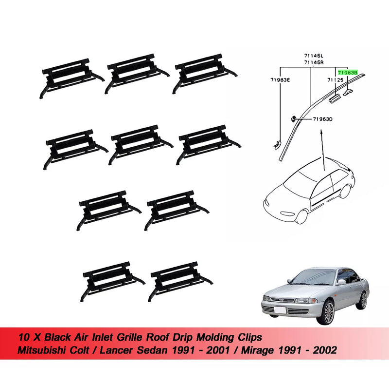 Mitsubishi Colt Lancer Sedan Mirage 10 x Black Roof Moulding Clips (1991-2010)