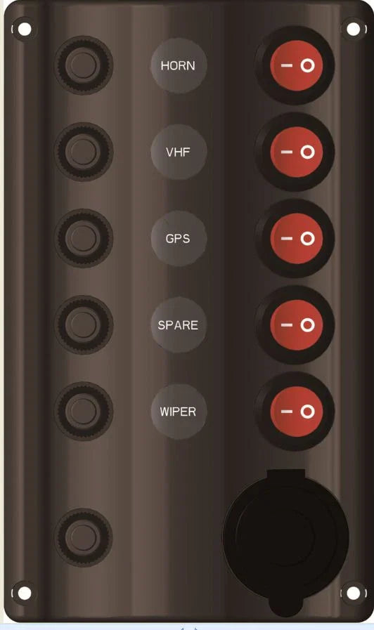 Marine / Caravan Switch Panel LED 5 Gang with Cig Socket & Circuit Breakers