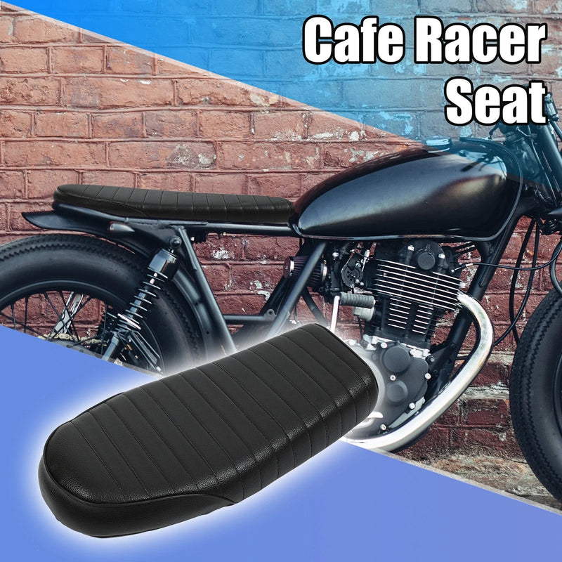 Motor Bike Vintage Flat Cafe Racer Retro Cushion PU Leather Black Set Seat