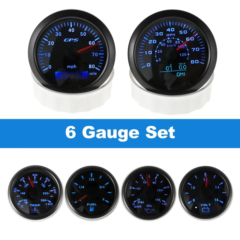 Marine Boat Car Black 6 Gauge Set GPS Speedometer Tacho Fuel/Temp/Oil/Volt
